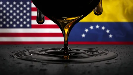 Ulei care picură pe fundalul steagurilor SUA și Venezuelei.