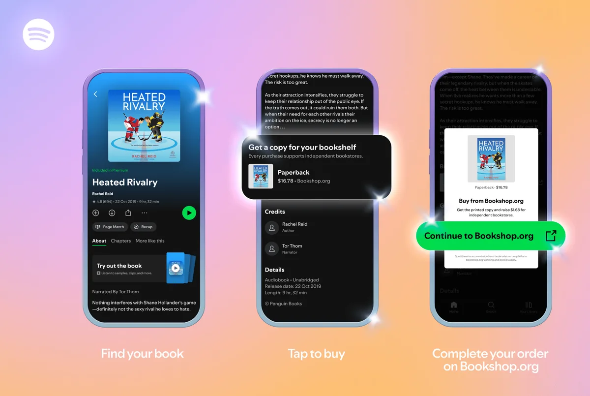 Interfața Spotify cu opțiunea de a cumpăra cărți tipărite.