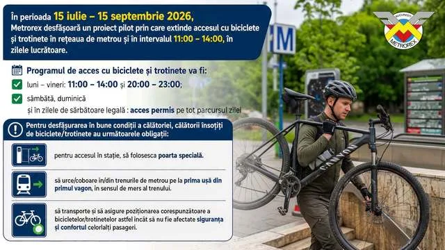 Accesul cu biciclete și trotinete în metrou se extinde temporar în București.