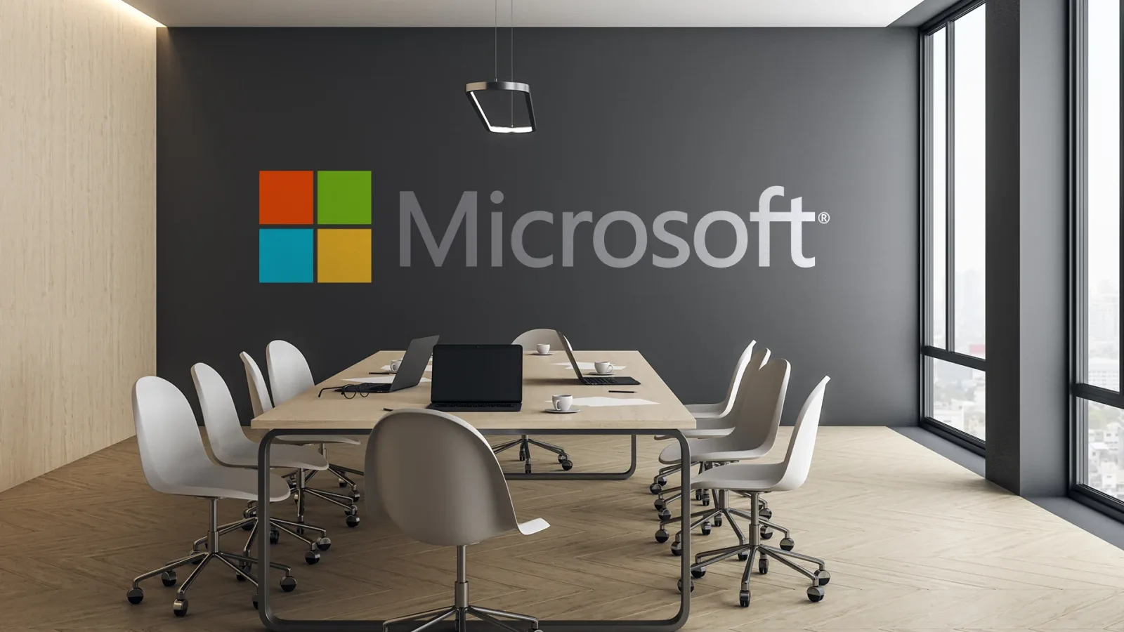 Birou modern Microsoft cu mese și scaune, pregătit pentru întâlniri.