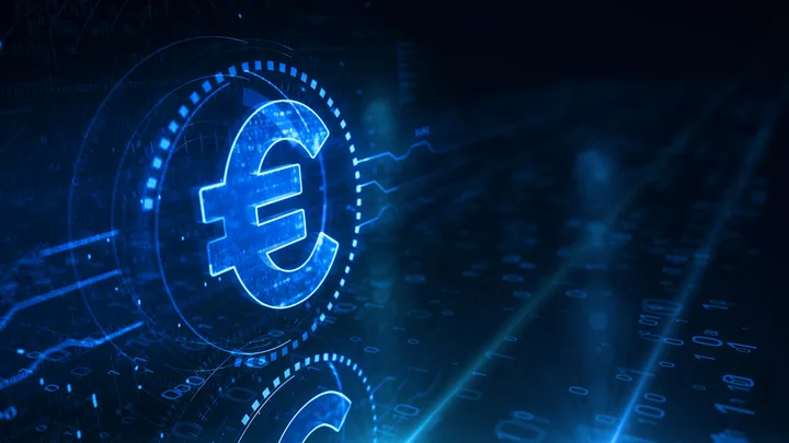 Simbolul euro digital într-un context tehnologic avansat.