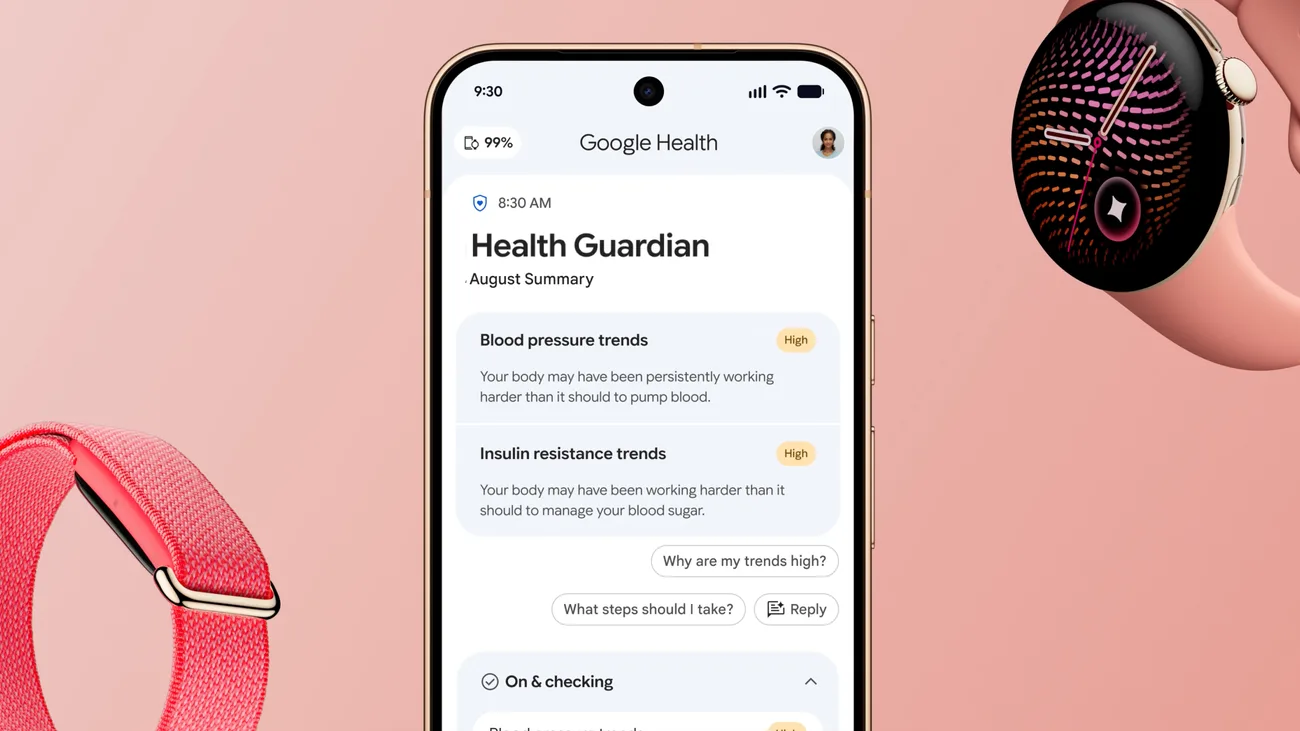 Monitorizarea sănătății prin Google Health pe dispozitive inteligente.