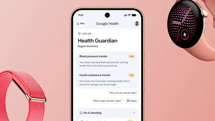 Monitorizarea sănătății prin Google Health pe dispozitive inteligente.