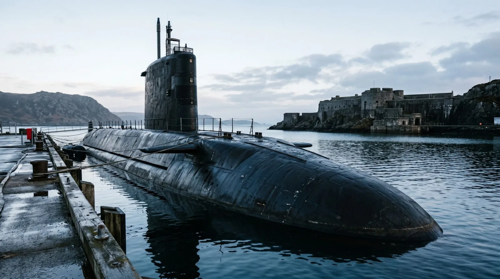 Submarin nuclear ancorat în port, pe fundalul unui peisaj montan.