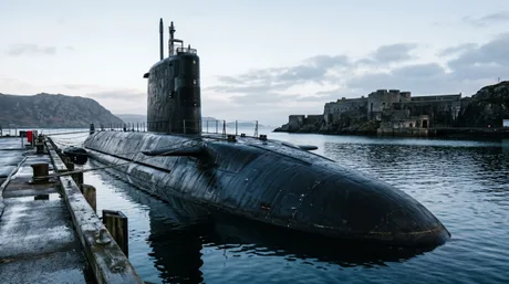 Submarin nuclear ancorat în port, pe fundalul unui peisaj montan.