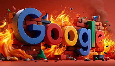 Logo-ul Google pe un fundal de ziduri distruse și flăcări.
