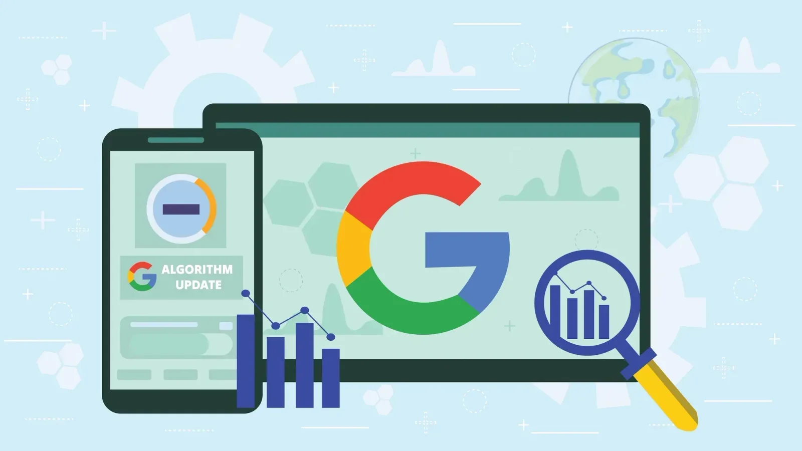 Dispozitive digitale cu logo Google și grafice de analiză.
