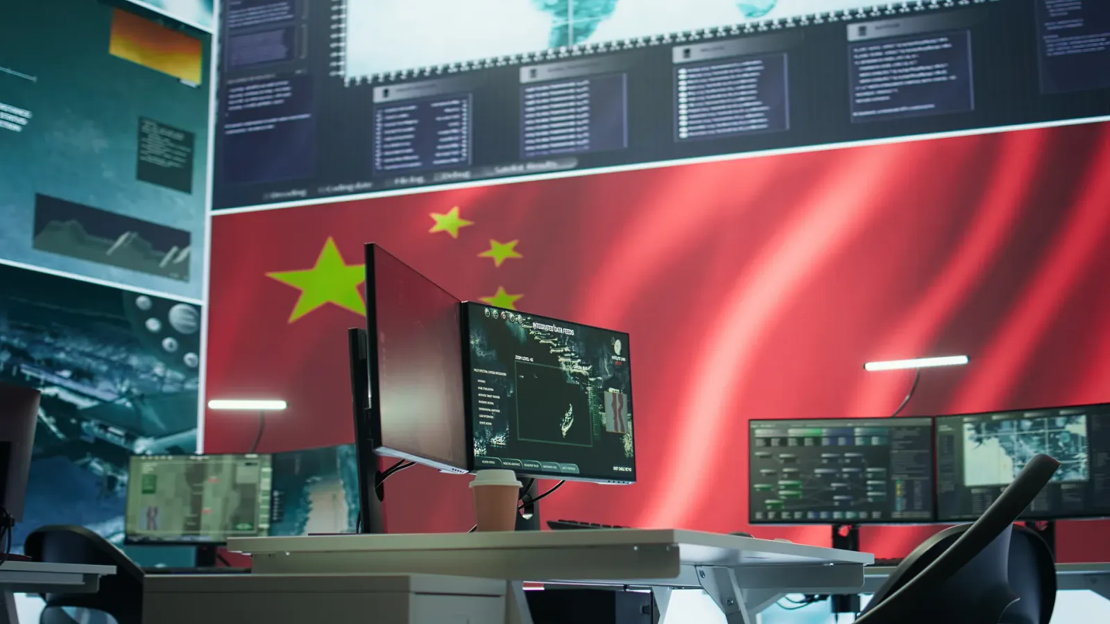 Birou modern cu computere, fundal cu steagul Chinei și date militare.