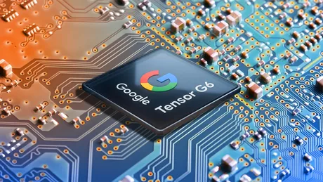 Chip Google Tensor G6 pe un circuit imprimat, evidențiind tehnologia avansată.