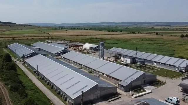 Peisaj industrial cu clădiri și terenuri verzi în jur.