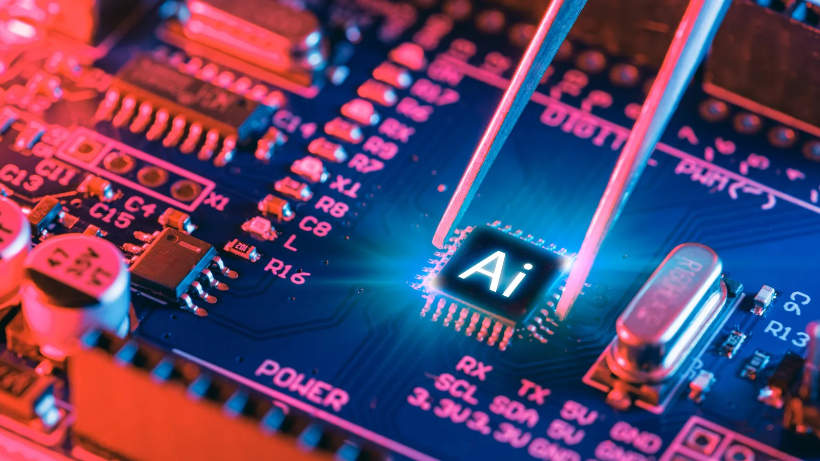 Cipuri avansate pentru inteligență artificială pe un circuit electronic.