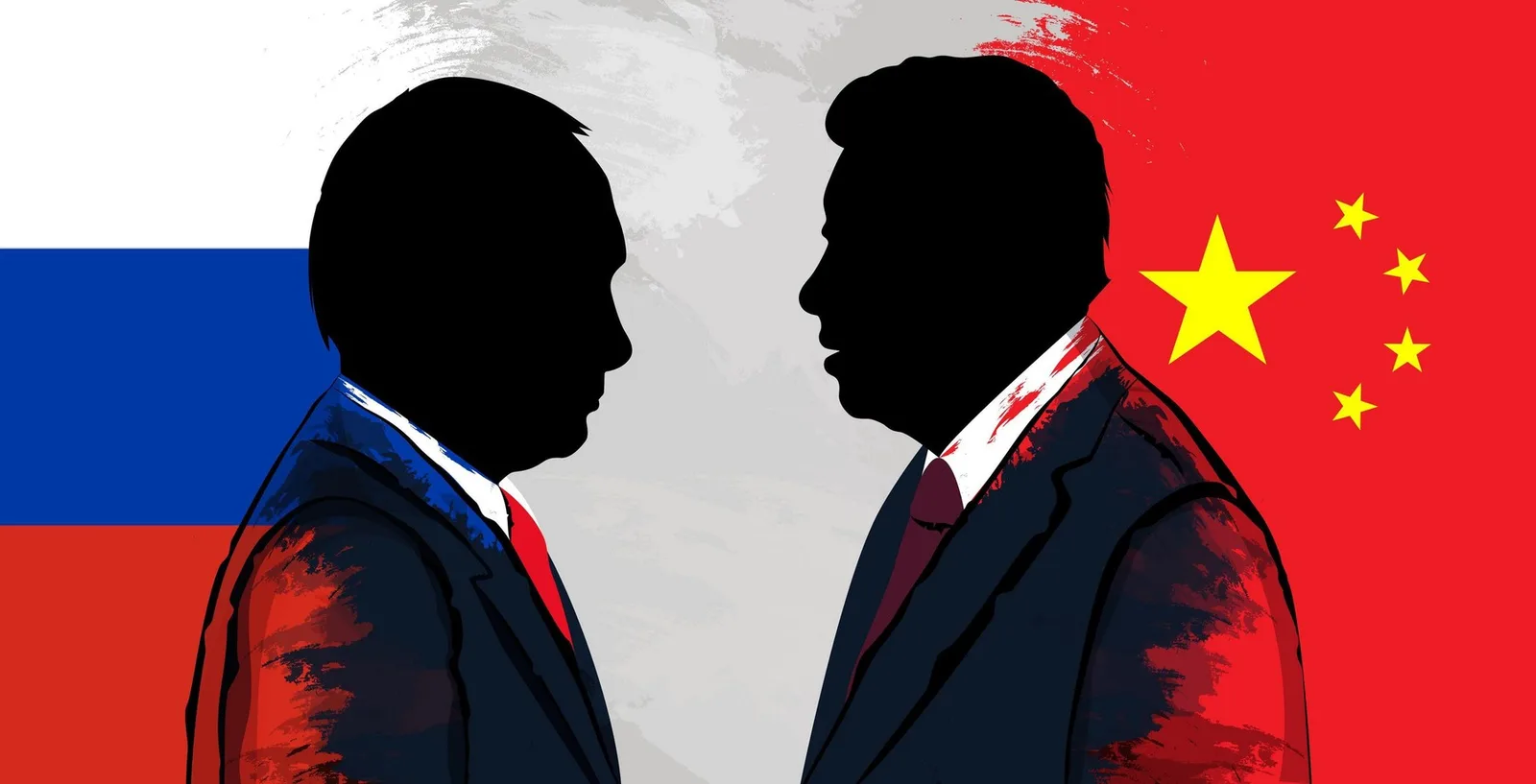 Silhouettele liderilor Rusiei și Chinei pe fundalul steagurilor naționale.