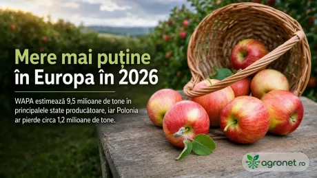Mere proaspete într-un coș pe o masă, în livadă, simbolizând producția de mere în scădere.