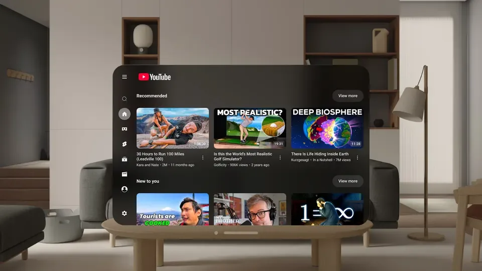 Interfața aplicației YouTube pe Apple Vision Pro, cu videoclipuri recomandate.