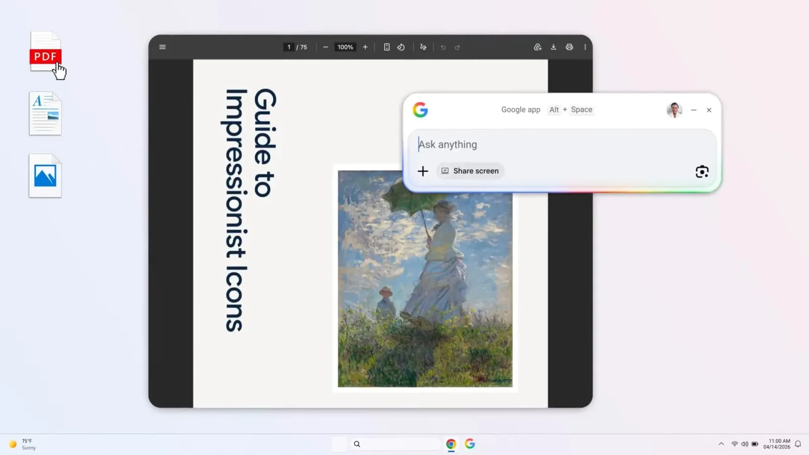 Aplicația Google pentru desktop oferă acces rapid la căutări și fișiere.