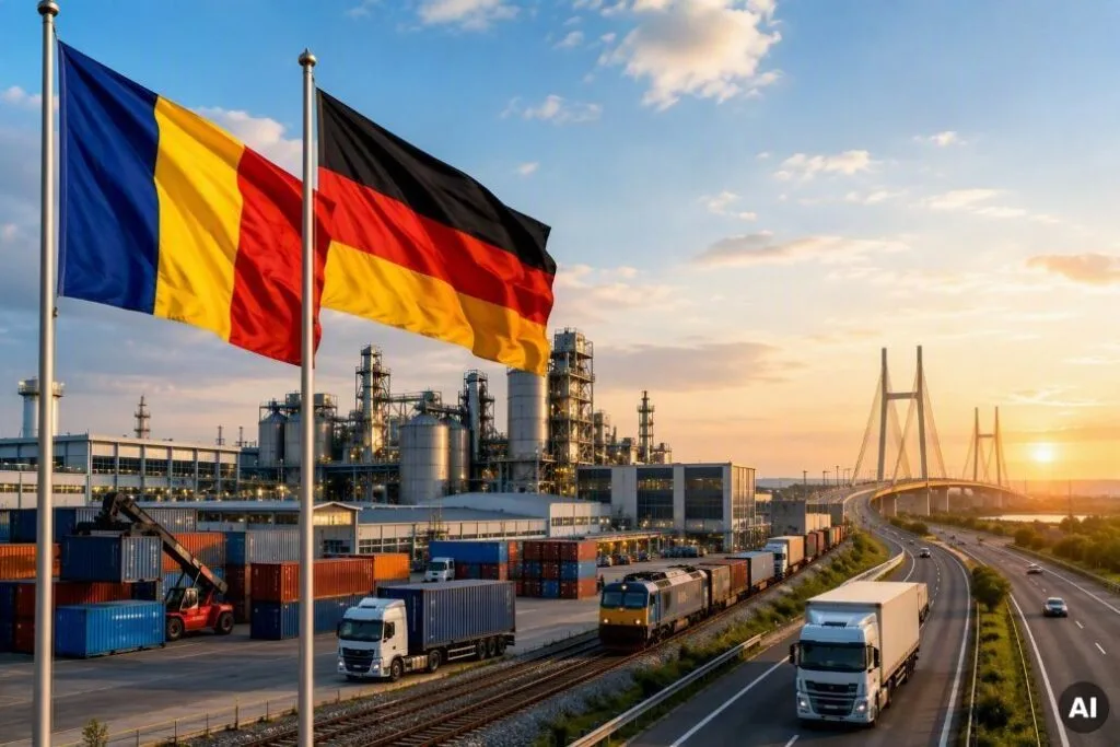 Steagurile României și Germaniei fluturând lângă un port industrial.