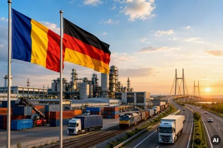 Steagurile României și Germaniei fluturând lângă un port industrial.