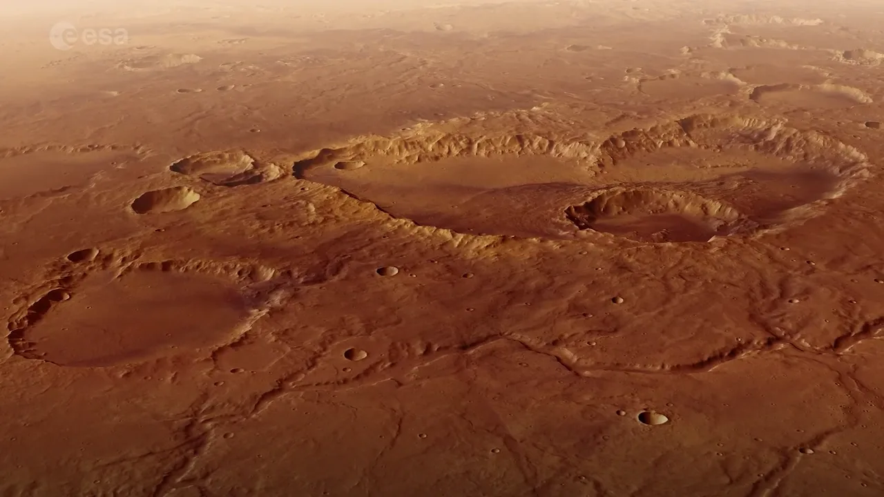 Craterul Schiaparelli pe Marte, surprins în detalii 3D de sonda Mars Express.
