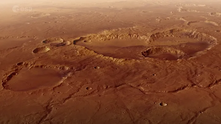 Craterul Schiaparelli pe Marte, surprins în detalii 3D de sonda Mars Express.