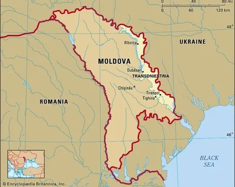 Hartă a Moldovei, evidențiind Transnistria și granițele cu Ucraina și România.