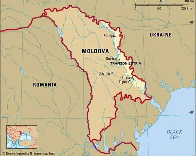 Hartă a Moldovei, evidențiind Transnistria și granițele cu Ucraina și România.