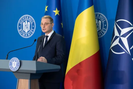Luca Niculescu susține o conferință de presă în fața drapelului României.