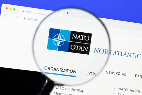 Logo-ul NATO și detalii despre organizație pe un ecran.