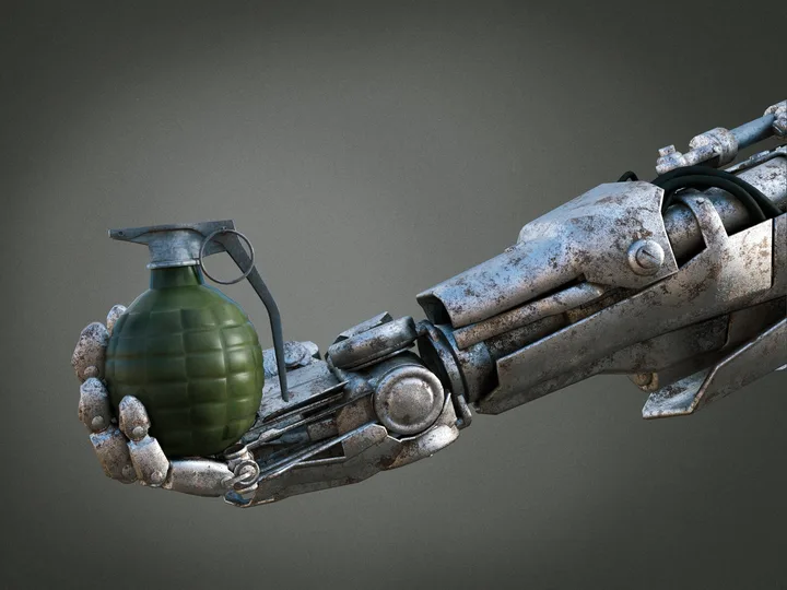 Un robot metallic ține o grenadă, simbolizând tehnologia militară avansată.