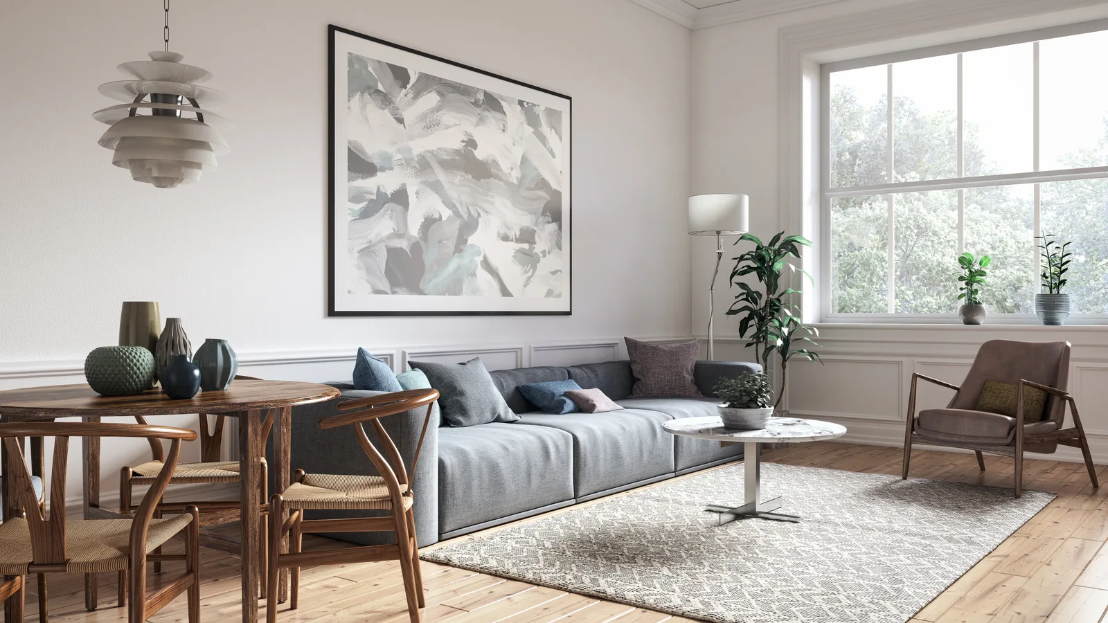 Un interior modern de apartament, cu mobilier confortabil și decor minimalist.
