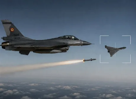 Avion militar lansând o rachetă în timpul unei misiuni de interceptare.