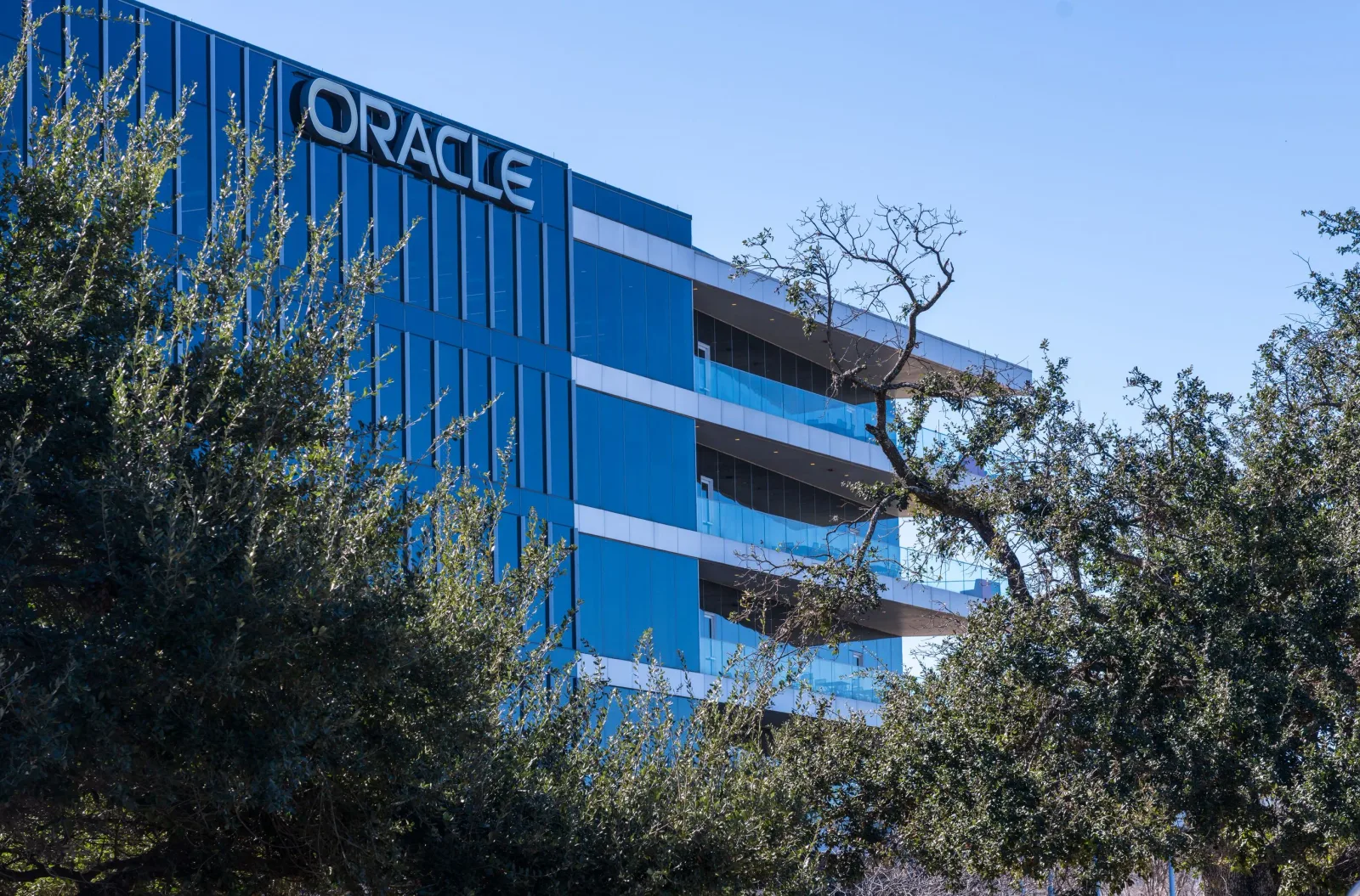 Clădirea Oracle înconjurată de copaci verzi, sub un cer senin.