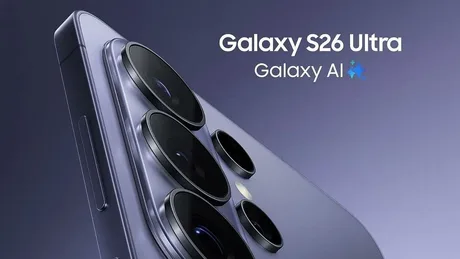 Detaliu al camerei telefonului Galaxy S26 Ultra, cu un design elegant și modern.