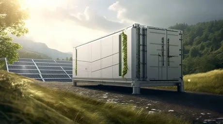 Instalație modernă de stocare a energiei în peisaj natural.