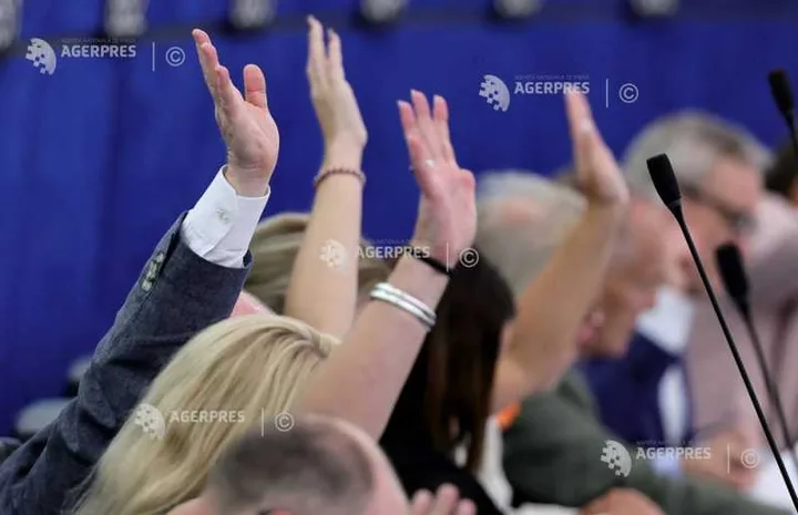 Mâini ridicate în semn de vot în Parlamentul European.