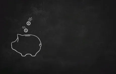 Grafic simplu cu un porc de bani și monede care cad.
