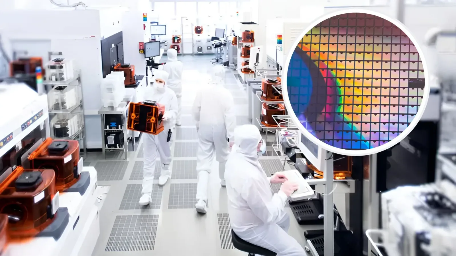Cercetători în halate albe lucrează în laboratorul de fabricație a semiconductoarelor.