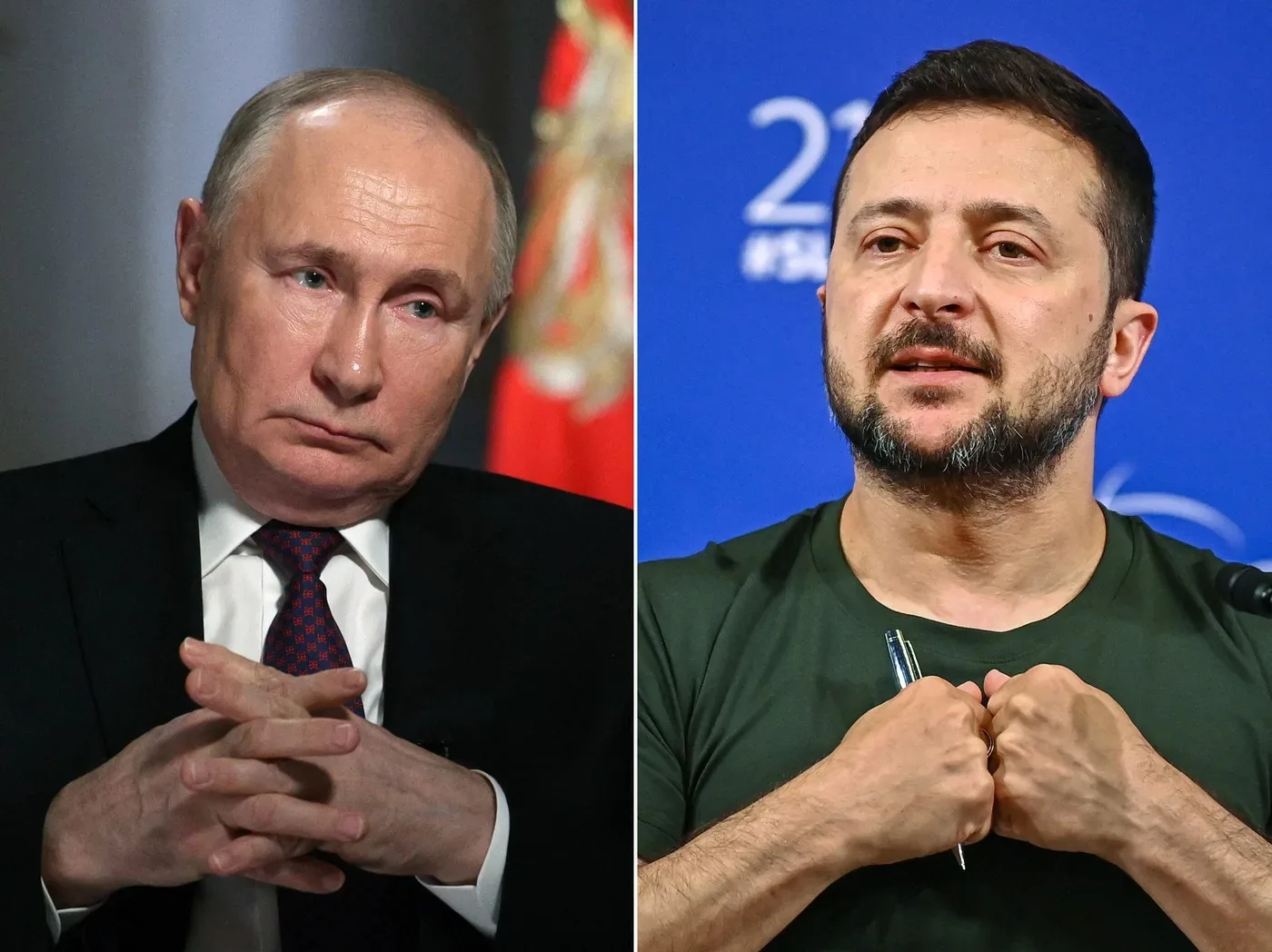 Vladimir Putin și Volodimir Zelenski în discuții tensionate.