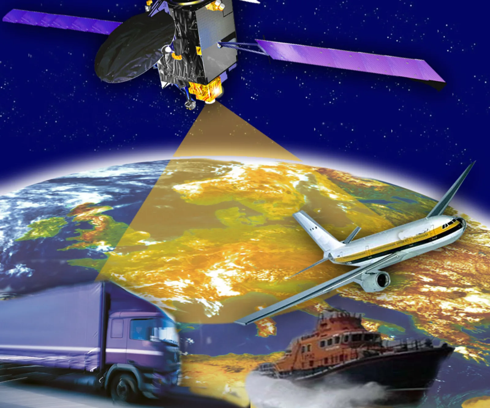 Satelit monitorizând traficul aerian și deșeurile spațiale deasupra Pământului.