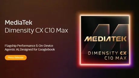 Logo MediaTek pentru noul cip Dimensity CX C10 Max destinat laptopurilor Googlebook.