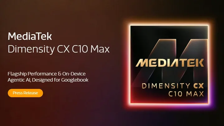 Logo MediaTek pentru noul cip Dimensity CX C10 Max destinat laptopurilor Googlebook.