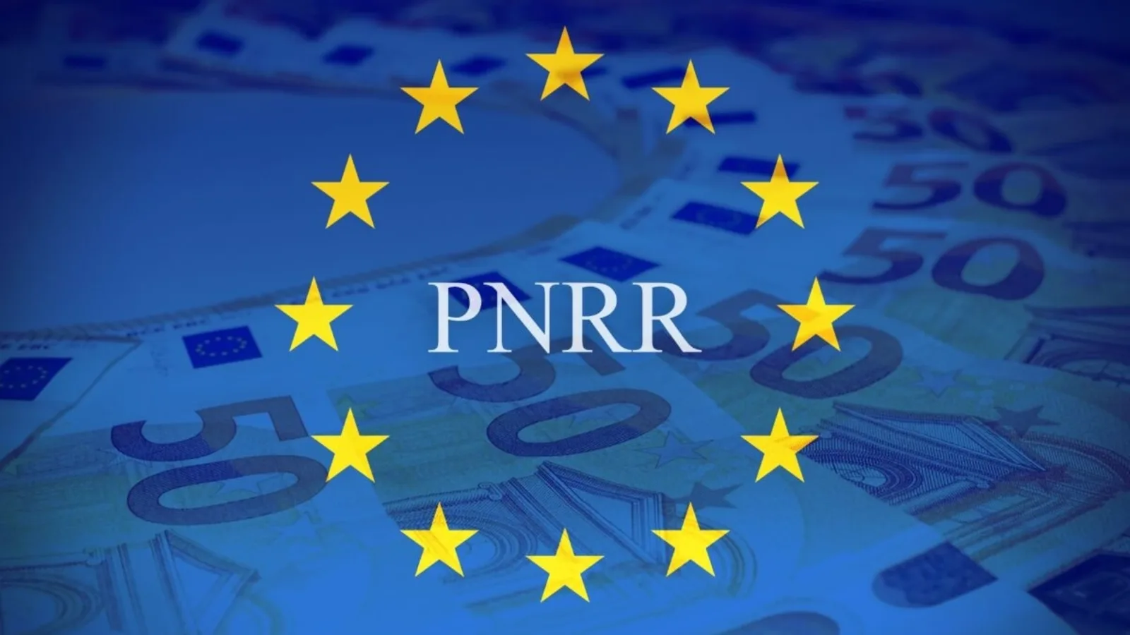 Stele europene pe fundal albastru cu simboluri monetare, reprezentând PNRR.