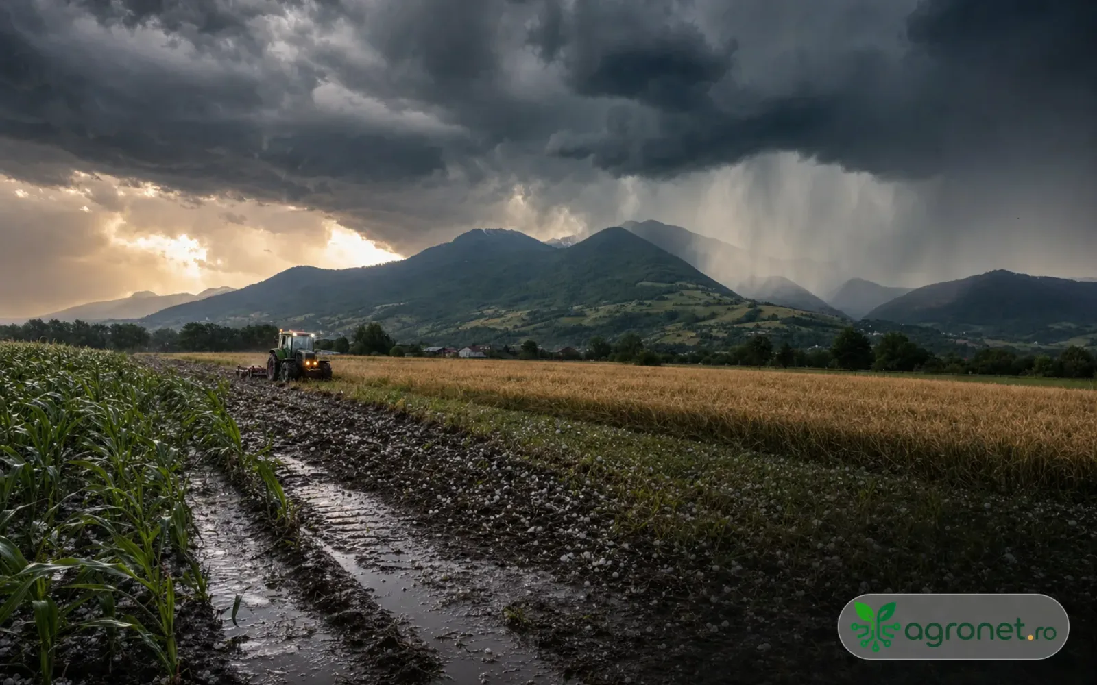 Peisaj montan cu nori întunecați și un tractor în câmp, semn de vreme instabilă.