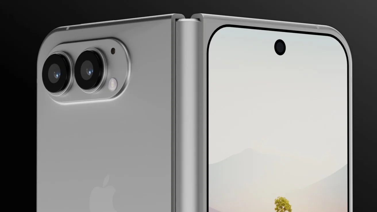 Concept al unui iPhone pliabil cu design elegant și camere duale.