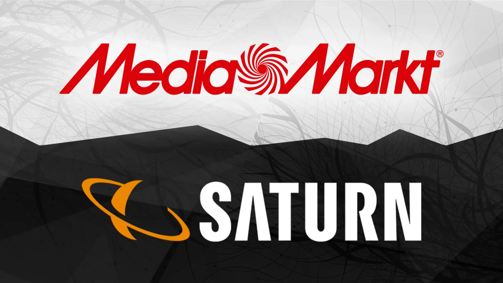 Logo-urile MediaMarkt și Saturn pe un fundal abstract.