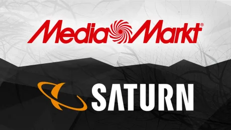Logo-urile MediaMarkt și Saturn pe un fundal abstract.
