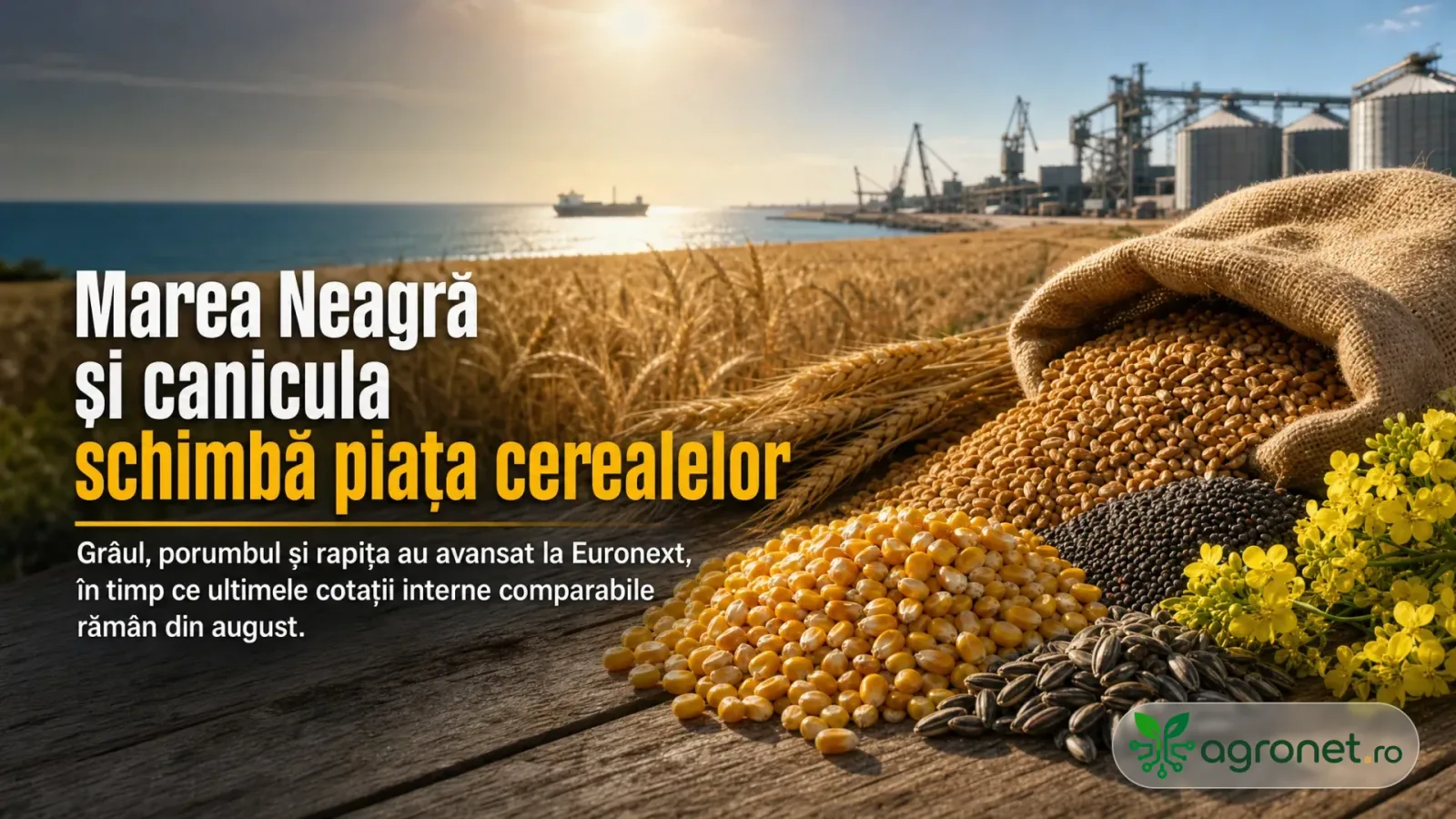 Cereale pe câmp, cu porturi la orizont, reflectând piața agricolă din România.