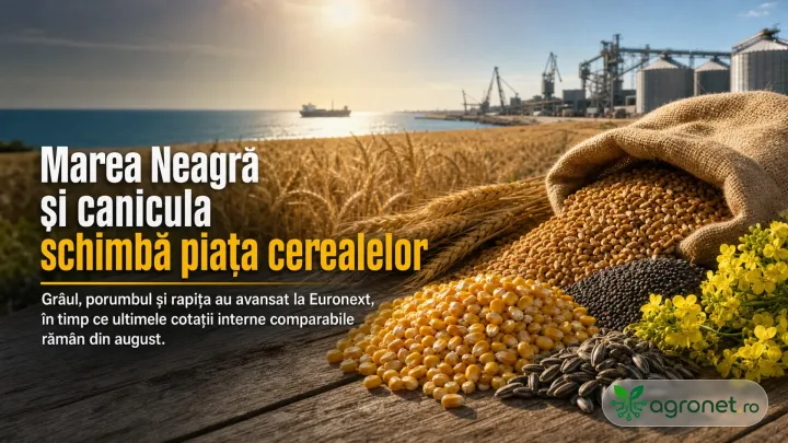 Cereale pe câmp, cu porturi la orizont, reflectând piața agricolă din România.