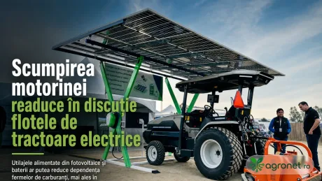 Tractor electric cu panouri fotovoltaice, simbolizând tranziția energetică în agricultură.
