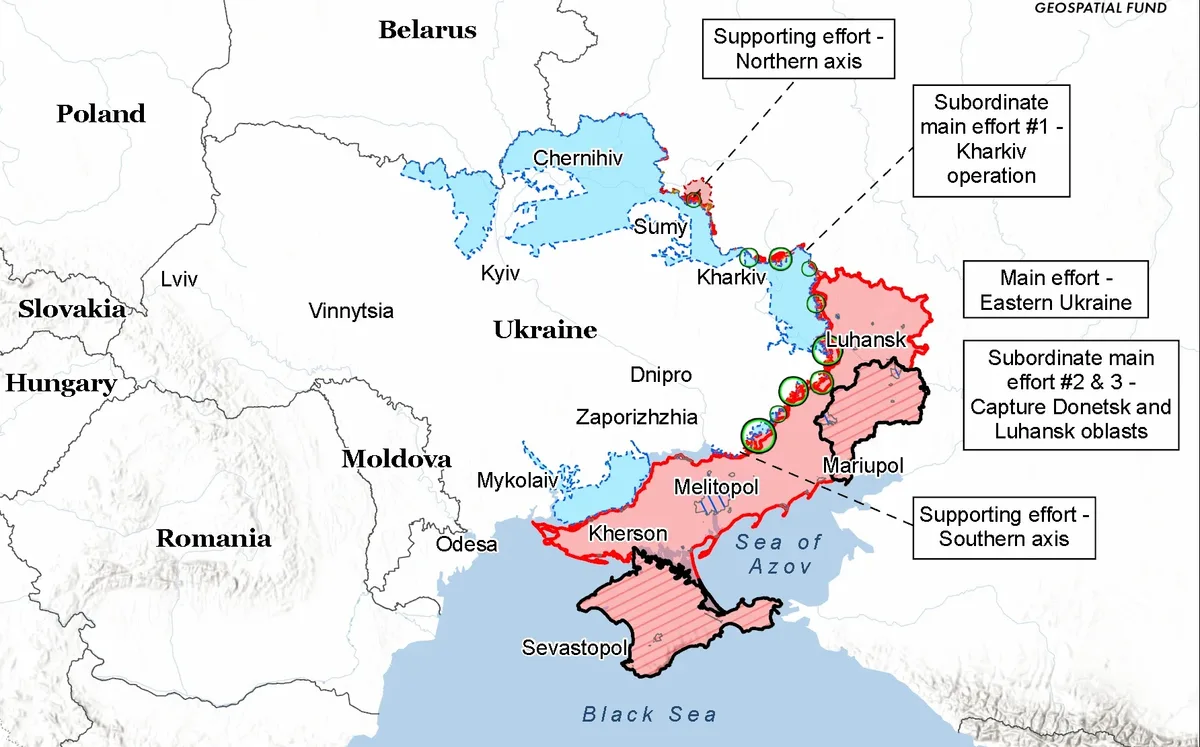 Harta care ilustrează situația militară din Ucraina și regiunile înconjurătoare.