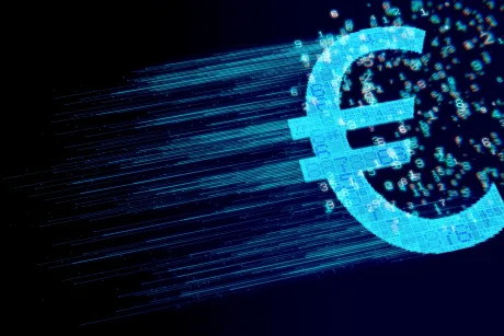 Simbolul euro digital reprezentat printr-o grafică modernă și dinamică.